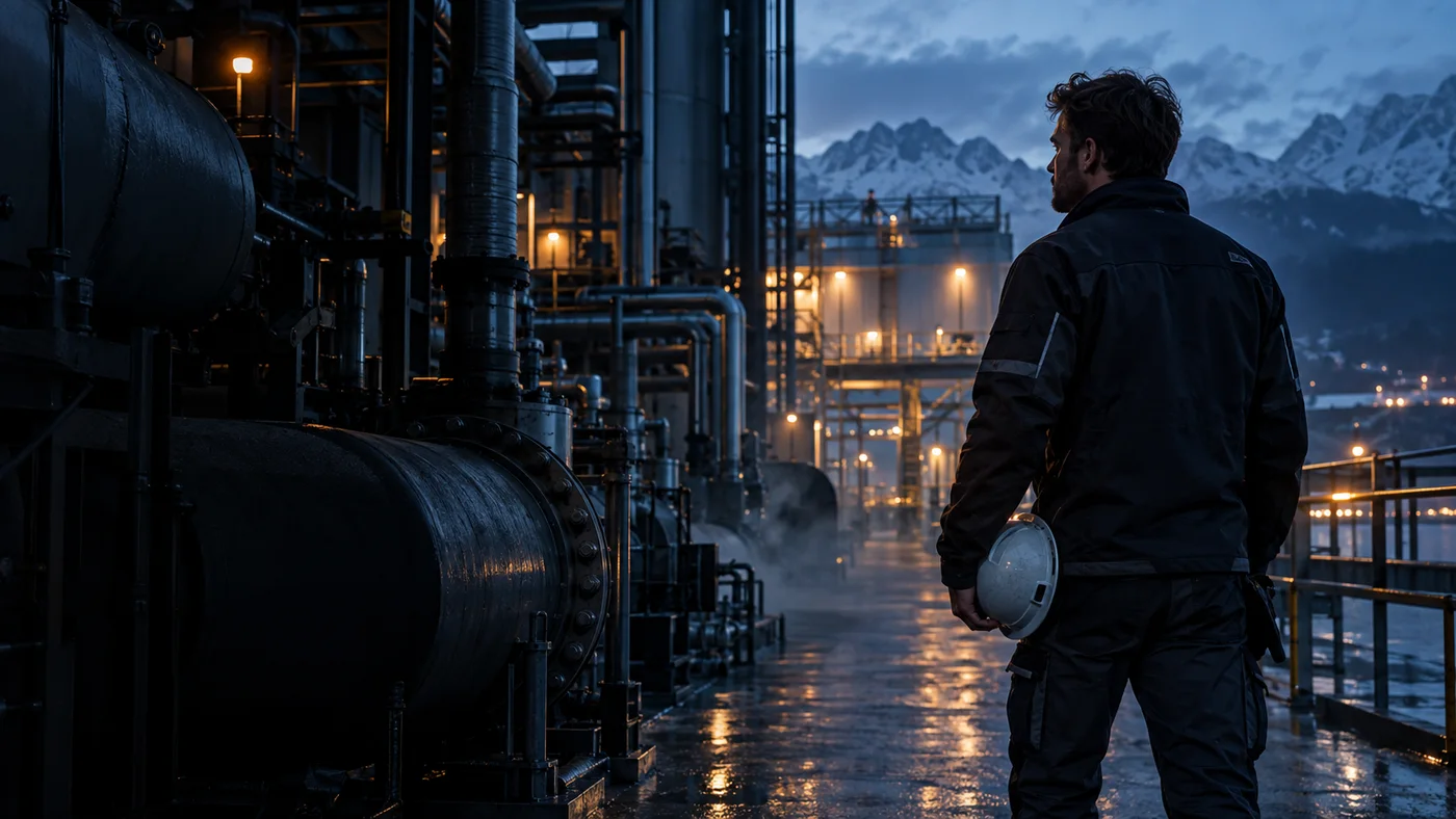 A technician looking out across an industrial facility at blue hour